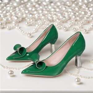 Elegant Green Bowknot‎ High Heels - Glossy Pointed Toe Pumps, Breathable Faux